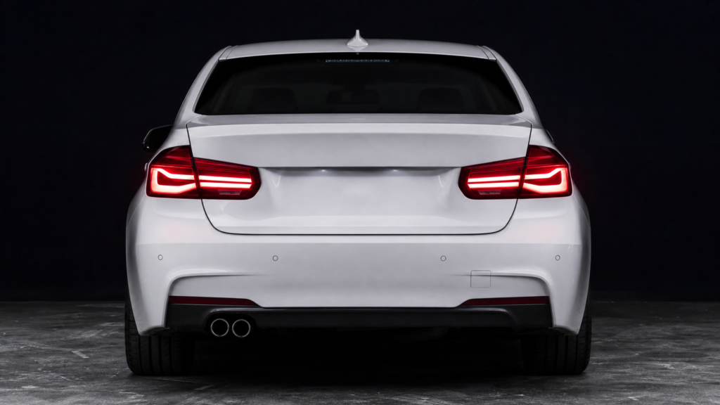 Rear view of a white sedan with glowing red taillights in a dark studio setting