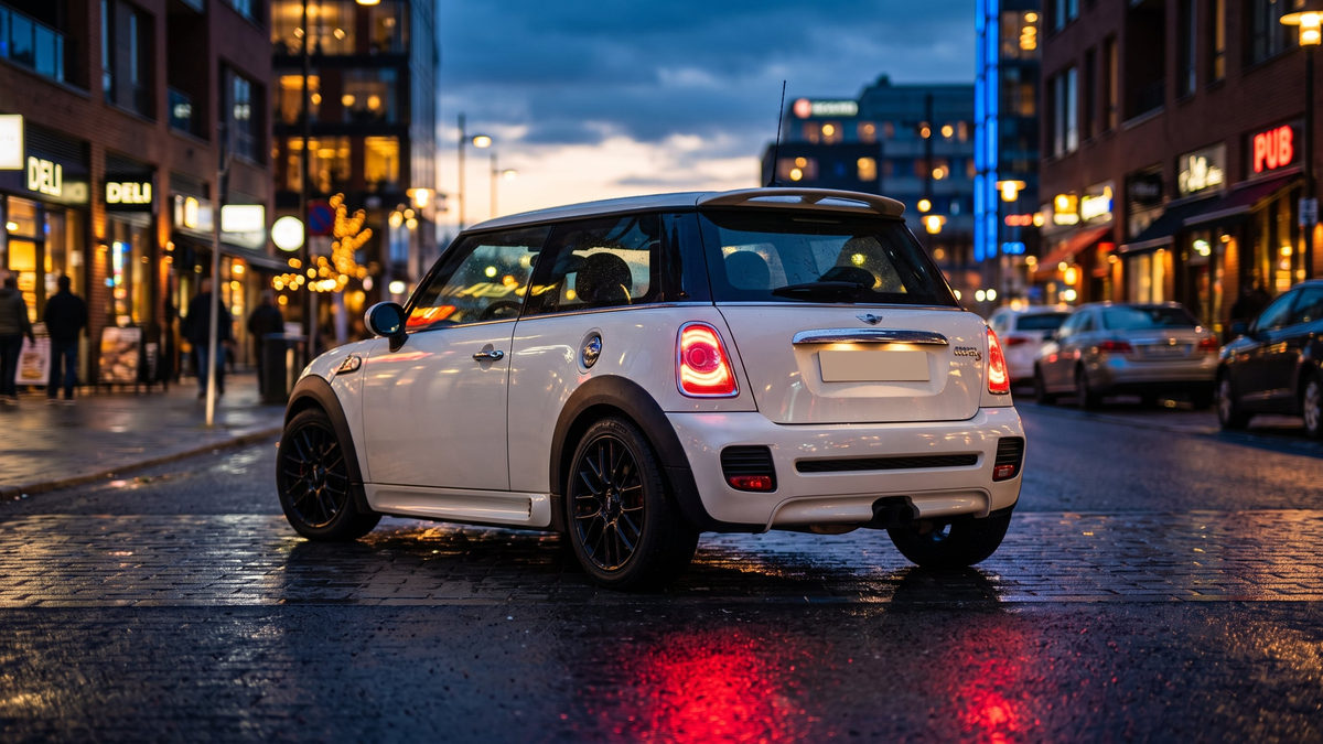 led-tail-lights-mini-cooper-r56-guide - speedXperts Mini Cooper R56 rear with LED sequential tail lights glowing at night in parking lot