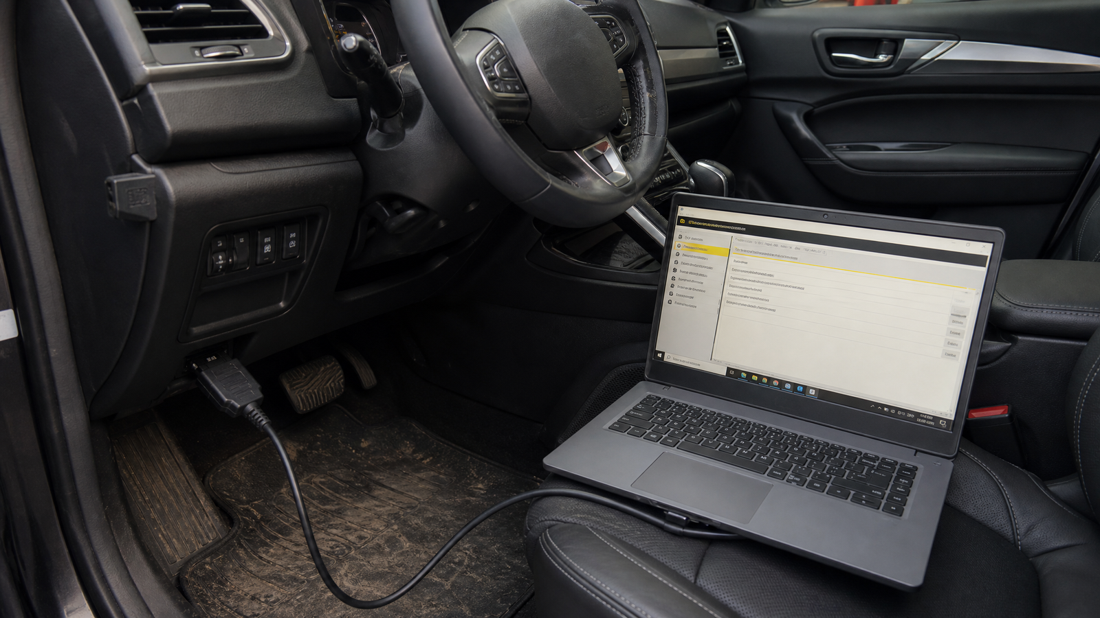 renolink-1-99-obd2-cable-renault-guide - speedXperts Laptop on a car seat connected by a charging/diagnostic cable inside a dark, modern vehicle interior.
