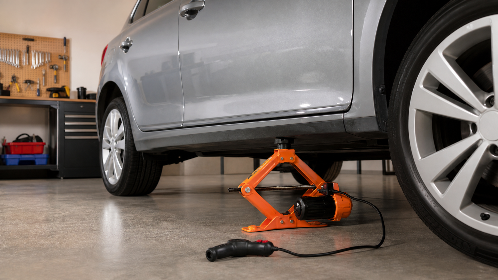 vevor-3-ton-electric-scissor-jack-guide - speedXperts Silver car raised on an orange floor jack in a garage workshop, tools neatly hung on a pegboard in the background.