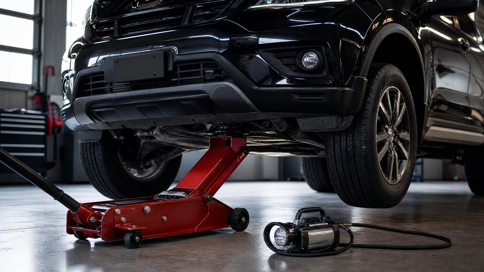 vevor-5-ton-hydraulic-car-jack-guide - speedXperts VEVOR 5-ton electric hydraulic jack lifting an SUV beside a tyre with built-in inflator in use