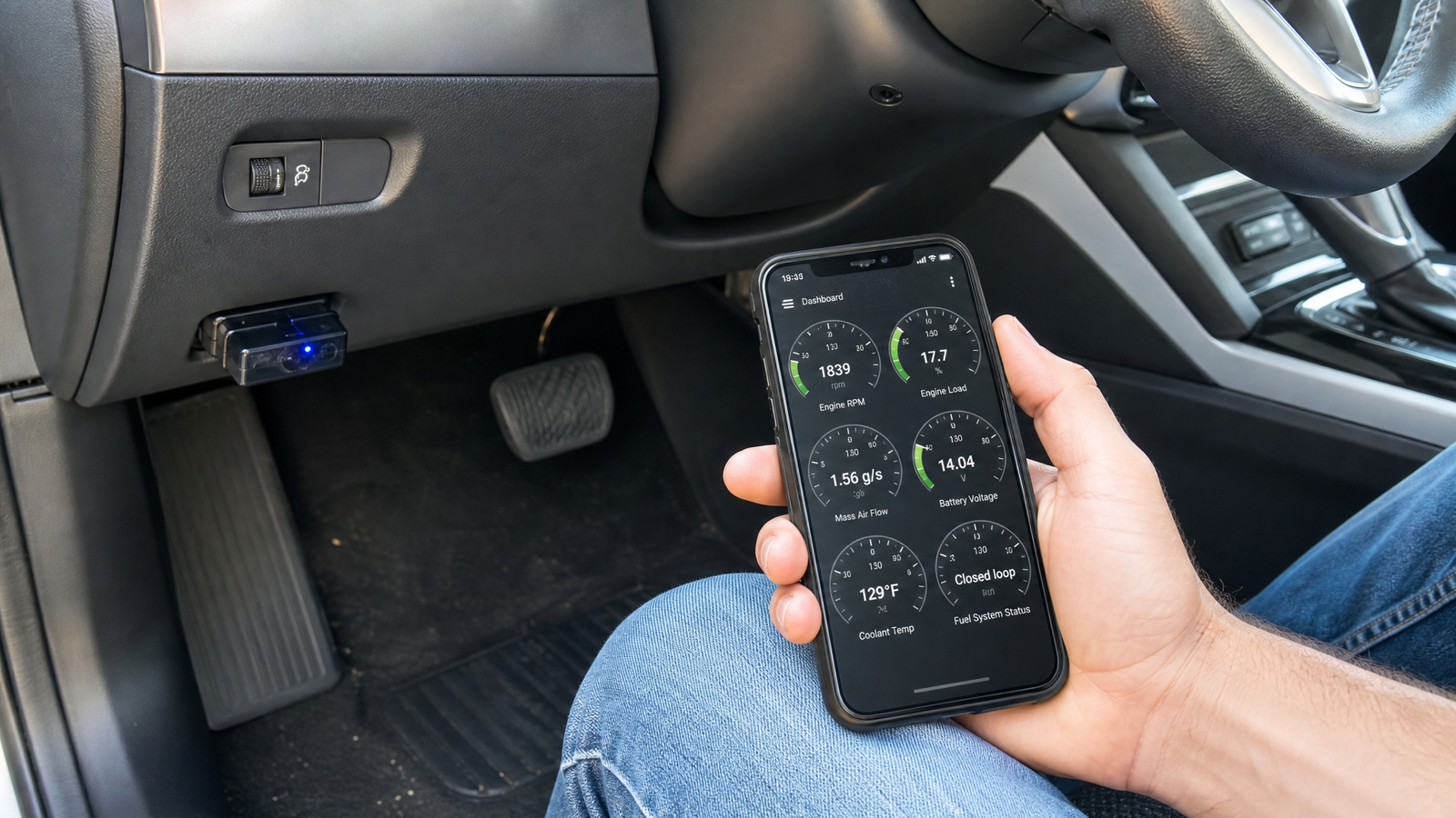 vgate-icar-pro-2s-bluetooth-obd2-scanner-guide - speedXperts Driver checking live OBD2 data on smartphone with Bluetooth dongle plugged into car OBD port
