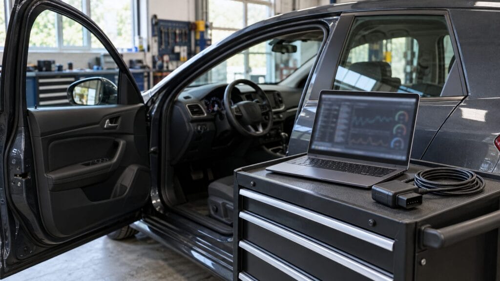 Laptop and generic diagnostic interface on a workshop tool cart beside a grey car with its driver door open.