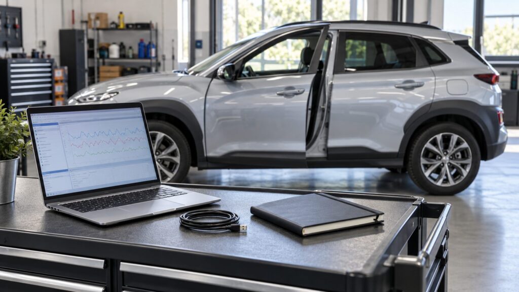 En bærbar computer og en service-notebook på en værkstedsvogn ved siden af en sølvfarvet crossover med førerdøren åben.