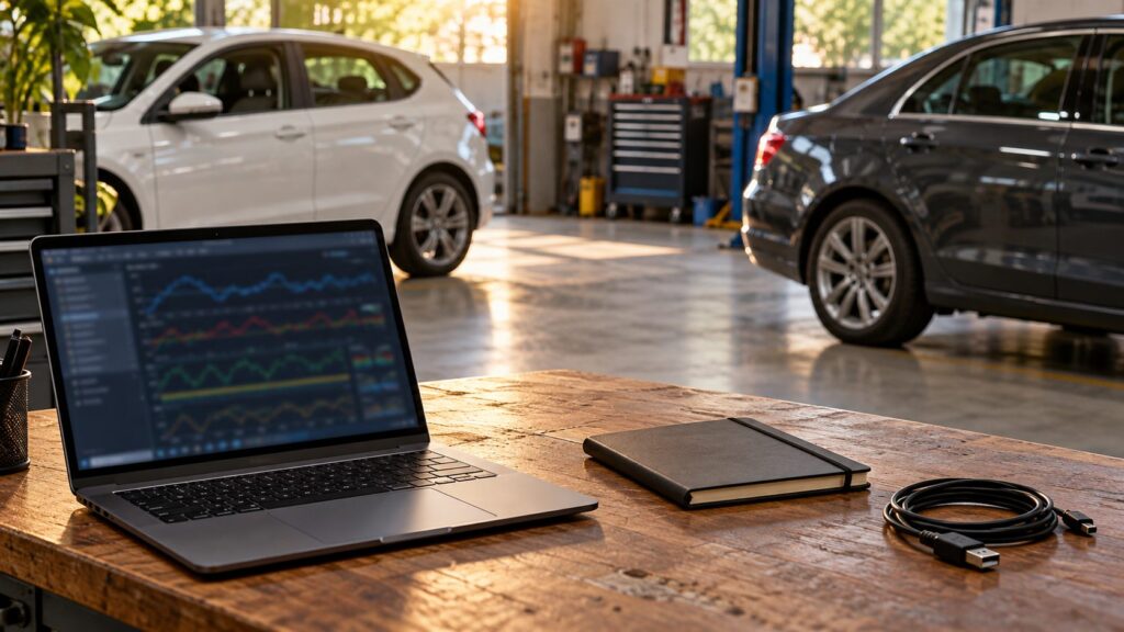 En bærbar computer, en notebook og et oprullet USB-kabel på et værkstedsbord med to parkerede biler i baggrunden.
