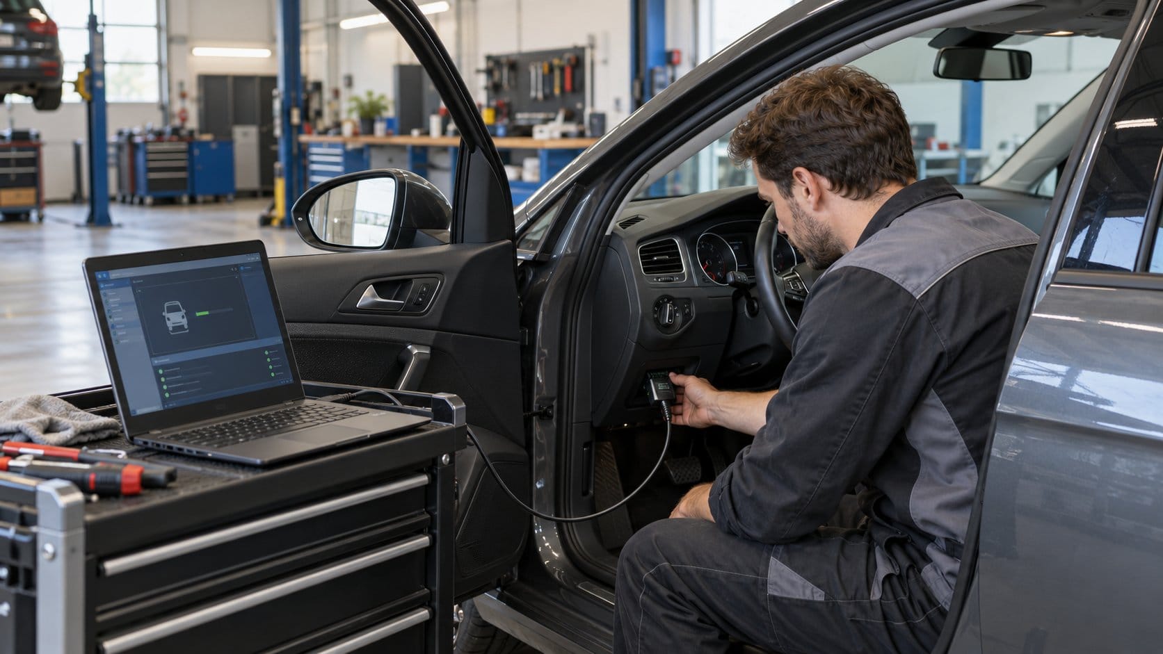OP-COM diagnostic interface connected to an Opel while a technician checks communication on a Windows laptop