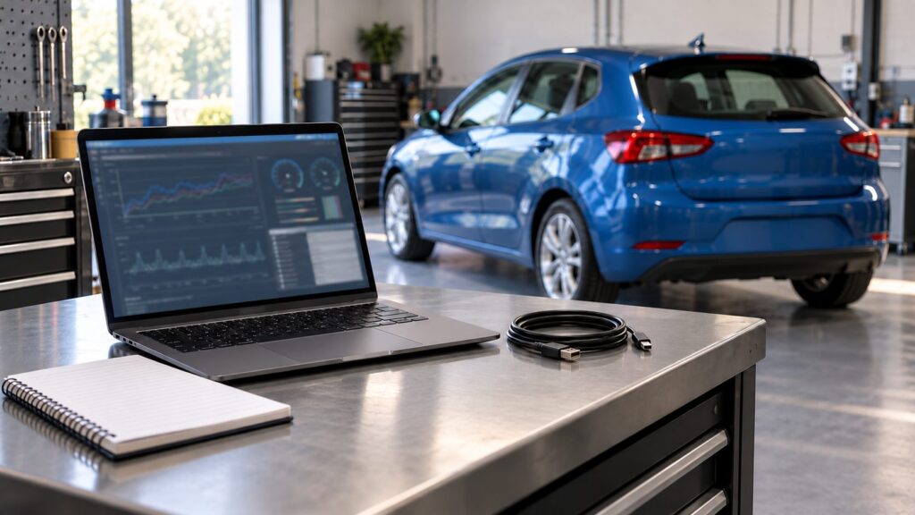 Laptop, notebook and coiled USB cable on a workshop bench with a blue hatchback parked in the background.